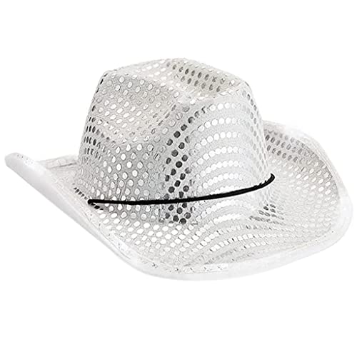 XAGMODSHN Vintage große Krempe Hut Pailletten Filz Accessoire mit LED Licht Krempe, Silberne Lampe, 59 von XAGMODSHN