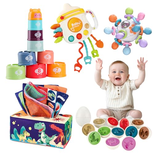 XAZASTOV Baby Spielzeug 6 Monate, 6 In 1 Montessori Spielzeug Baby ab 1 Jahr, Montessori-Sensorik Spielzeug ab 6 9 12 18 Monate, Stapelbecher Taschentuchbox Spielzeug Dinosaurier Eier Greifball von XAZASTOV