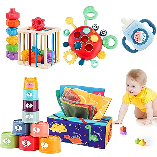 XAZASTOV Montessori Spielzeug ab 1 Jahr - Sensorik Babyspielzeug mit Tücherbox, Sortier, Stapelspielzeug, Zugseilspielzeug, Beißspielzeug von XAZASTOV