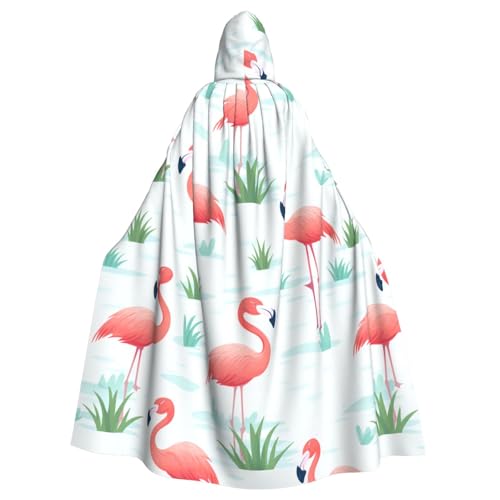 XBKGOHA Flamingos auf weißem bedrucktem Halloween-Umhang mit Kapuze für Erwachsene, ohne Reißverschluss, bequem für Kostümpartys von XBKGOHA