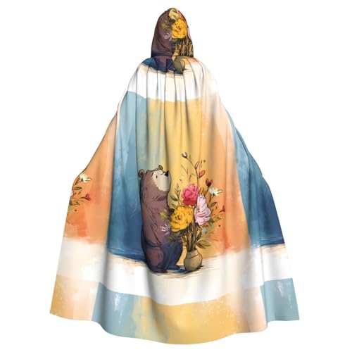 XBKGOHA Kleiner Bär neben dem Blumenstrauß, bedruckter Halloween-Umhang für Erwachsene, mit Kapuze, ohne Reißverschluss, bequem für Kostümpartys von XBKGOHA