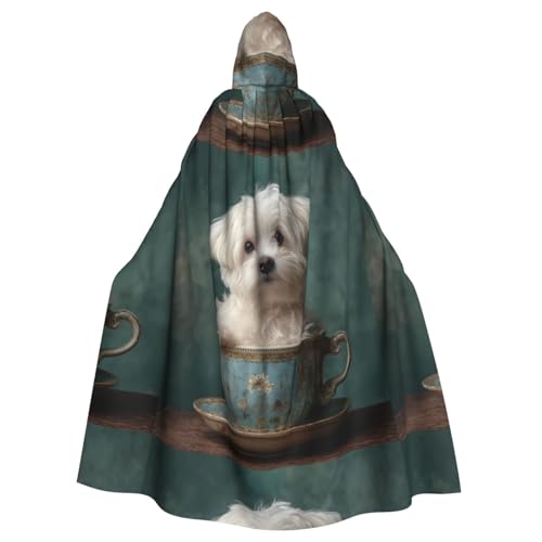 XBKGOHA Kleiner weißer Hund in Teetasse, bedruckter Halloween-Umhang mit Kapuze, kein Reißverschluss, bequem für Kostümpartys von XBKGOHA
