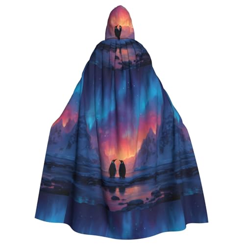 XBKGOHA Pinguin Under The Aurora bedruckter Halloween-Umhang mit Kapuze für Erwachsene, ohne Reißverschluss, bequem für Kostümpartys von XBKGOHA