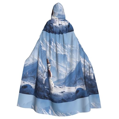 XBKGOHA Schneemann in den verschneiten Bergen bedruckter Halloween-Umhang mit Kapuze für Erwachsene, ohne Reißverschluss, bequem für Kostümpartys von XBKGOHA