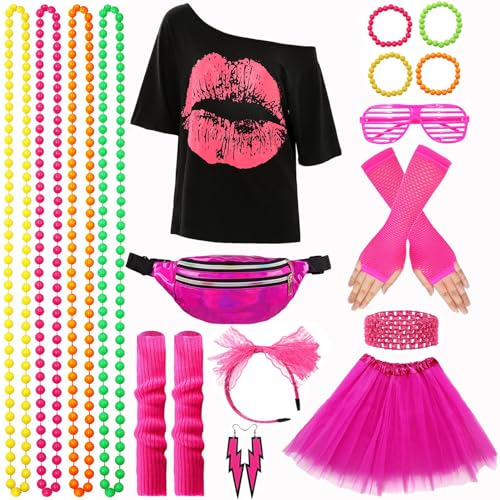 XCMVCN 80er & 90er Jahre Outfit Damen, Kostüm 80er Jahre damen für Fasching und Mottoparty Neon Accessoires Thema Party - XL von XCMVCN