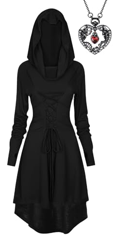 XCMVCN Gothic Kleid Damen Mittelalter Renaissance Langarm Retro Mit Kapuze Kleid Damen, mit Gothic Herzförmiger Schädel-Halskette, Halloween Karneval und Rollenspiel Kostüme - (Schwarz, M) von XCMVCN