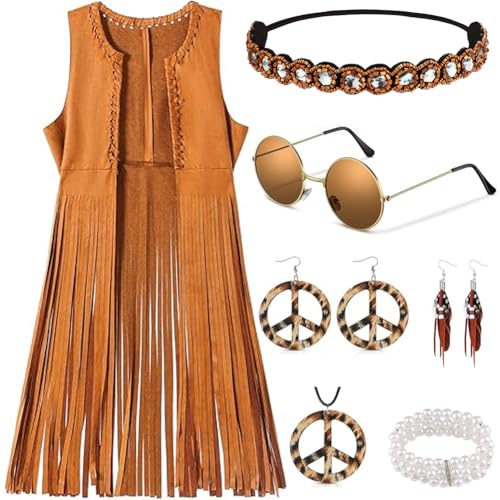 XCMVCN Hippie Kostüm Damen Set Fransen ärmellose Damen 60er 70er Jahre Halloween Kostüm Karneval Kostüm Damen Disco Faschingskostüme 9 Stück Set (Braun,L) von XCMVCN