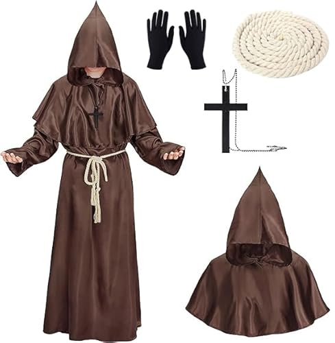 XCMVCN Mönch Robe Mittelalter Renaissance Robe, Herren Kapuze Mönch Robe Priester Kostüm, mit Kreuz-Halskette, Handschuhe und Kordel,Halloween, Karneval und Rollenspiel Kostüme(Braun，S) von XCMVCN