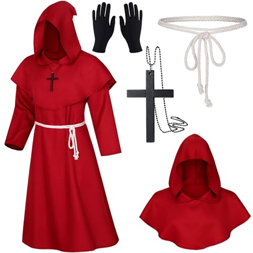 XCMVCN Mönch Robe Mittelalter Renaissance Robe, Herren Kapuze Mönch Robe Priester Kostüm, mit Kreuz-Halskette, Handschuhe und Kordel,Halloween, Karneval und Rollenspiel Kostüme(Rot，S) von XCMVCN