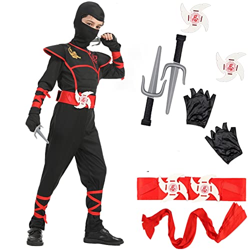 XCMVCN Ninja Kostüm Kinder Jungen Mädchen, 13 Stück Ninja Kostüm Accessoire Set, Halloween und Faschings Party Cosplay 3.0 Ninja Kostüm Set (Schwarz Rot, S) von XCMVCN