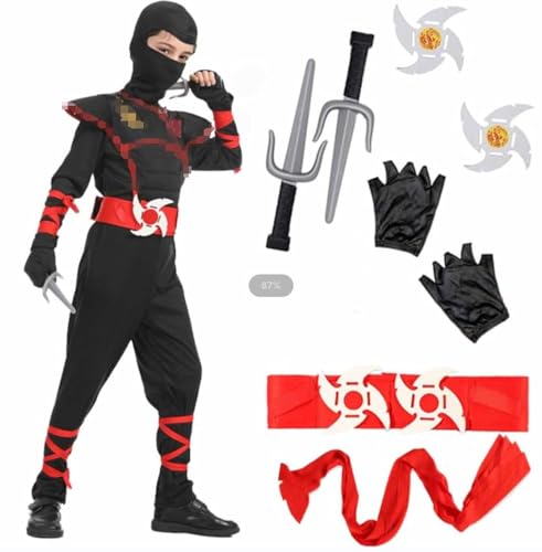 XCMVCN Ninja Kostüm Kinder Jungen Mädchen, 13 Stück Ninja Kostüm Accessoire Set, Halloween und Faschings Party Cosplay 3.0 Ninja Kostüm Set (Schwarz Rot, S) von XCMVCN