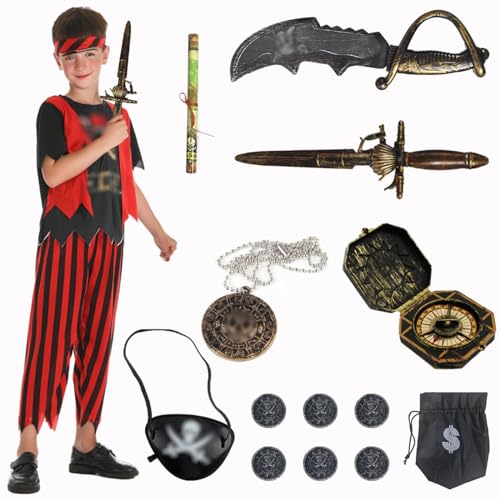 XCMVCN Piratenkostüm für Kinder, 16 Stück Pirat Kostüm Accessoire Set, Piraten Karneval Cosplay Party Kostüm Set, (Schwarz Rot,L) von XCMVCN