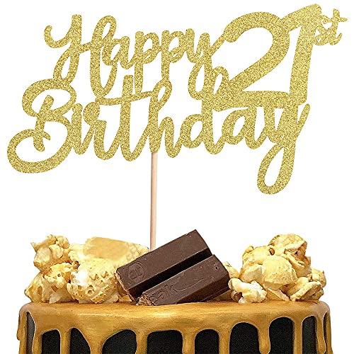 3 Stück Happy 21st Birthday Cake Topper, 21st Geburtstag Tortendeko Kuchendeko Torten Kuchen Cake Topper, Glitzer Gold Tortenstecker Girlande für Mädchen Junge Mann Frau 21 Geburtstag Party Dekoration von XCOZU