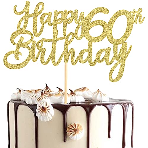 XCOZU 3 Stück Happy 60th Birthday Cake Topper, 60th Geburtstag Tortendeko Kuchendeko Torten Kuchen Cake Topper, Glitzer Gold Tortenstecker Girlande für Mann Frau 60 Geburtstag Party Dekoration von XCOZU