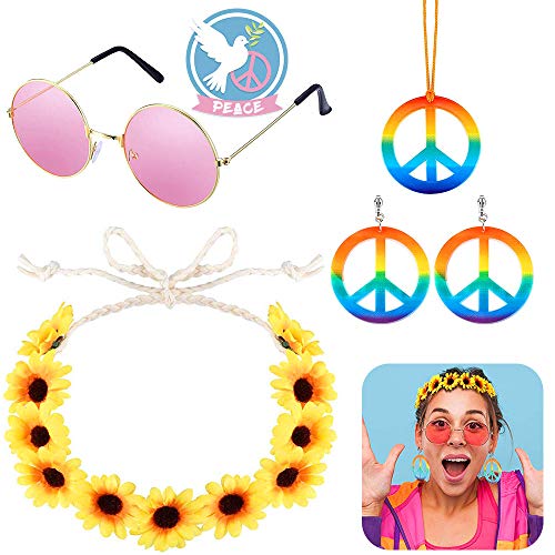 Hippie Accessoires Kit, XCOZU Hippie Brille Retro Runde Rosa Sonnenbrille, Regenbogen Peace Kette, Hippie Ohrringe and Hippie Blumenhaarband, 70er Jahre Accessoires für Damen Herren Thema Party von XCOZU