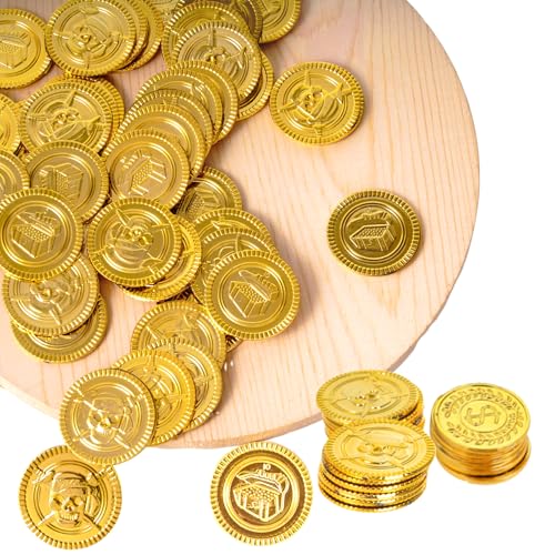 XDGBGFN 100 Pcs GoldMünzen Spielgeld,Goldmünzen Piratenschatz Spielzeug Kunststoff Goldtaler Piraten Münzen für Seeräuber Schatzsuche Geschenk von XDGBGFN