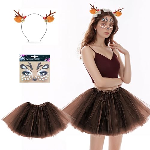 XDGBGFN 3 Stück Rentier Kostüm Damen Pilzglocken Haarreif Rentier Gesicht Tattoos und Kaffee Tüllrock Geweih Kostüm Accessoires Karneval Reh Kostüm für Damen Weihnachten Motto Party XDGBGFN 3 Stück Rentier Kostüm Damen Pilzglocken Haarreif Rentier Gesicht Tattoos und Kaffee Tüllrock Geweih Kostüm Accessoires Karneval Reh Kostüm für Damen Weihnachten Motto Party von XDGBGFN