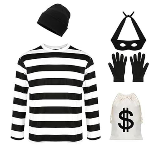 XDGBGFN 5 Stück Einbrecher Kostüm Set Dieb Kostüm Herren für Erwachsener,T-Shirt, Mütze, Handschuhen,Geldsack und Augenmaske für Carnival Kostüm für Cosplay (XXL) von XDGBGFN