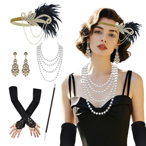XDGBGFN 5-teiliges Set 20er Jahre Accessoires Damen, 1920s Kostüm Damen Flapper Accessoires Set Halloween Kostümzubehör Inklusive Stirnband Halskette Handschuhe und Handheld-Requisiten (Golden) von XDGBGFN