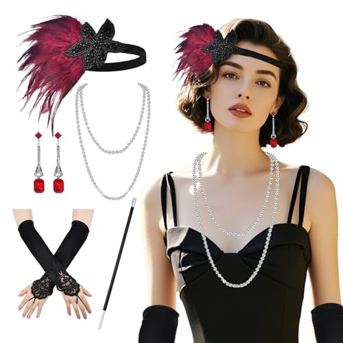 XDGBGFN 5-teiliges Set 20er Jahre Accessoires Damen, 1920s Kostüm Damen Flapper Accessoires Set Halloween Kostümzubehör Inklusive Stirnband Halskette Handschuhe und Handheld-Requisiten (Rot) von XDGBGFN