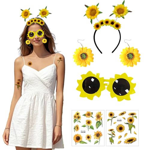 XDGBGFN Damen Sonnenblumen Kostüm Sonnenblumen Haarschmuck Sonnenblumen Haarreif Sonnenblumen Stirnband Sonnenbrille Sonnenblume Tattoos Ohrringe für Karneval Mottoparty Kostüm XDGBGFN Damen Sonnenblumen Kostüm Sonnenblumen Haarschmuck Sonnenblumen Haarreif Sonnenblumen Stirnband Sonnenbrille Sonnenblume Tattoos Ohrringe für Karneval Mottoparty Kostüm von XDGBGFN