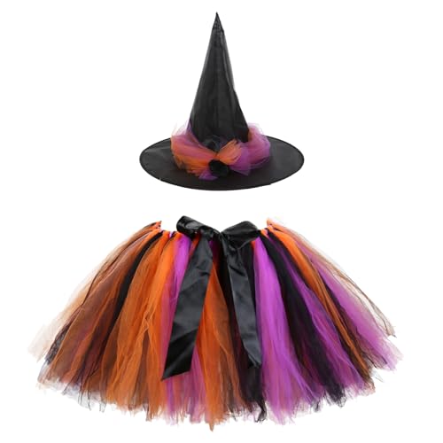 XDGBGFN Hexenkleid Mädchen Kostüm Mädchen Tüllrock mit Hut Hexenrock Kinderkostüm Verkleidung Set für Cosplay Party, Halloween (Schwarze Schleife) von XDGBGFN