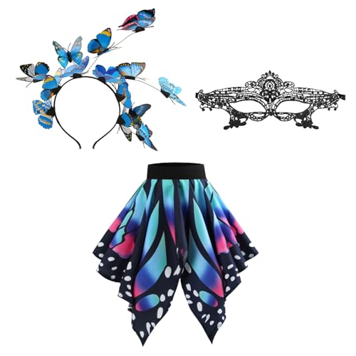 XDGBGFN Karneval Kostüm Damen Schmetterling Schmetterling Kostüm Damen mit Schmetterling Haarreif und Augenmaske Schmetterling Rock Schmetterling Kostüm für Fasching, Party, Cosplay (M) von XDGBGFN