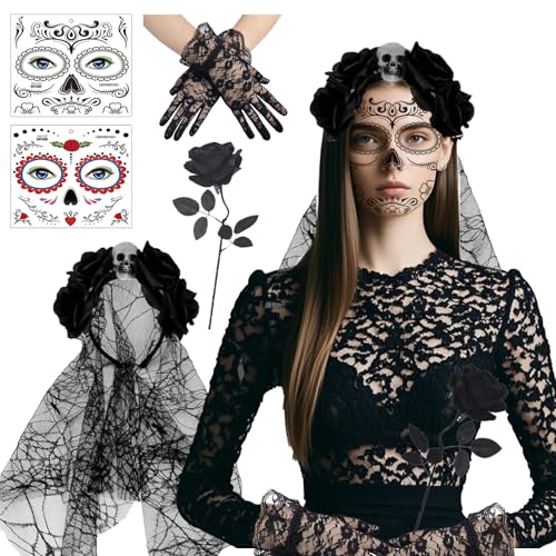 XDGBGFN Karneval Kostüm Damen Tag Der Toten Kostüm Damen Haarreif Schleier Gesicht Tattoos Blumen Rose mit Spitzenhandschuhe Halloween Kostüm für Party, Karneval, Cosplay, Halloween XDGBGFN Karneval Kostüm Damen Tag Der Toten Kostüm Damen Haarreif Schleier Gesicht Tattoos Blumen Rose mit Spitzenhandschuhe Halloween Kostüm für Party, Karneval, Cosplay, Halloween von XDGBGFN