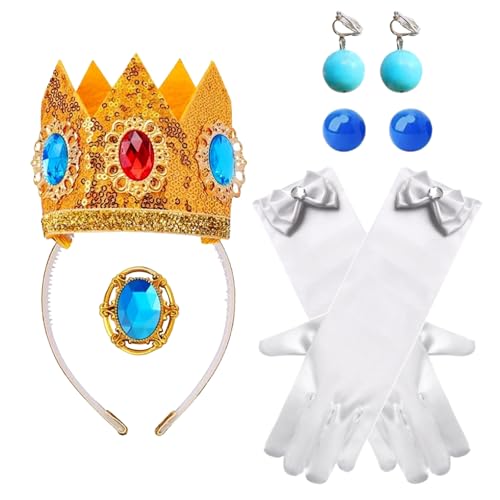 XDGBGFN Kostümzubehör für Pfirsichprinzessin, 5-teiliges Set mit Kronen-Zubehör-Set mit Handschuhen, Krone, Brosche, Ohrstecker, Ohrclips für Halloween, Party, Cosplay, Verkleidungszubehör von XDGBGFN