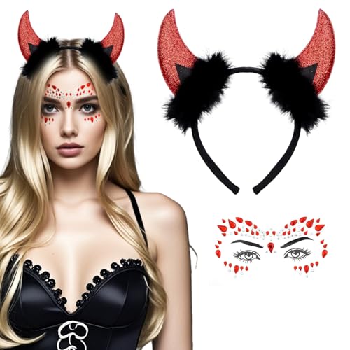 XDGBGFN Teufelshörner Haarreif mit Tattoo Gesicht Steine Teufel Kostüm Zubehör Glitzer Teufelshörner Halloween Teufel Teufel Accessoires Damen für Karneval, Cosplay, Halloween XDGBGFN Teufelshörner Haarreif mit Tattoo Gesicht Steine Teufel Kostüm Zubehör Glitzer Teufelshörner Halloween Teufel Teufel Accessoires Damen für Karneval, Cosplay, Halloween von XDGBGFN