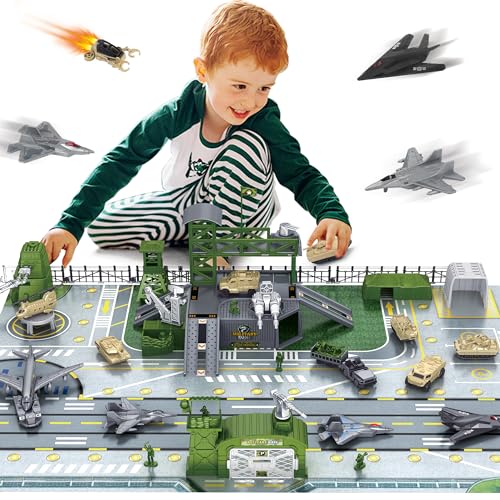 XDUOYJOY Militär Figuren Panzer Spielzeug mit 13 Fahrzeugen Trucks Hubschrauber Kampfjet Spielmatte mit Army Men Actionfiguren und Zubehör Geburtstagsgeschenk für Jungen von XDUOYJOY