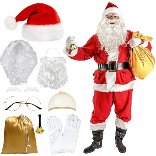 11-teiliges Weihnachtsmann-Kostüm-Zubehör, Weihnachtsmann-Kostüm, Weihnachtsmann-Kostüm für Erwachsene mit Hut, Brille, Handschuhen, Glocken, Perücke, Geschenktüte für Weihnachtskostümpartys und von XEERUN