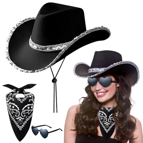 Cowboyhut für Damen, Cowboyhüte für Damen, Cowgirl-Zubehör für Damen mit Paisley-Bandanna und Brille, Western-Cowboy-Kostüm für Geburtstag, Halloween, Junggesellinnenabschied, Party, 3 Stück von XEERUN