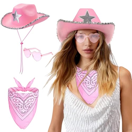 Cowboyhut für Damen, Cowgirl-Zubehör für Damen, rosa Cowboyhüte für Damen mit Paisley-Bandanna und Brille, Western-Cowboy-Kostüm für Geburtstag, Halloween, Junggesellinnenabschied, Party, 3 Stück von XEERUN