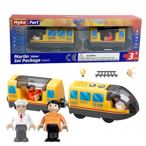 Eisenbahn elektrische lok Holzeisenbahn Zug (Magnetanschluss), Batteriebetriebener Lokomotivzug, Leistungsstarker Motorzug kompatibel mit Thomas, Batteriebetriebenes Zugset, Spielzeug für Kinder Gelb von XEERUN