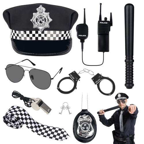 Polizei-Kostüm-Set, 8-teiliges Polizei-Kostüm-Zubehör für Erwachsene, mit Polizistenhut, Krawatte, Abzeichen, Handschellen, Sonnenbrille, Walkie-Talkies, Taktstock und Pfeife für Mädchen, Jungen von XEERUN