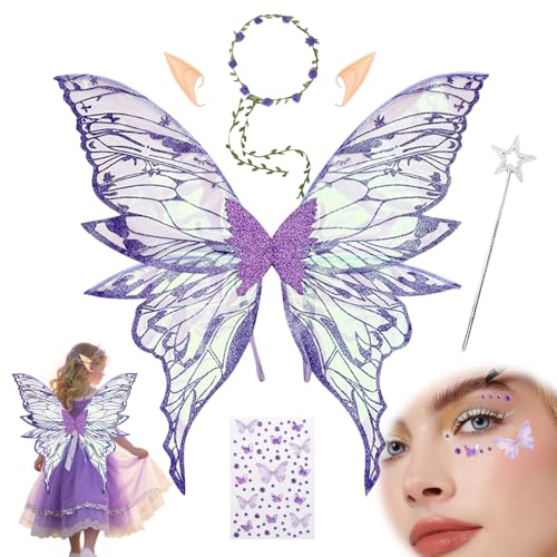 XEERUN Feenflügel für Mädchen und Frauen, Schmetterlingsflügel für Erwachsene, Schmetterlings-Elfen-Verkleidungs-Set, Feen-Zauberstab, Kronenohren für Halloween-Kostüm, Brautblumen-Jungen-Zubehör XEERUN Feenflügel für Mädchen und Frauen, Schmetterlingsflügel für Erwachsene, Schmetterlings-Elfen-Verkleidungs-Set, Feen-Zauberstab, Kronenohren für Halloween-Kostüm, Brautblumen-Jungen-Zubehör von XEERUN