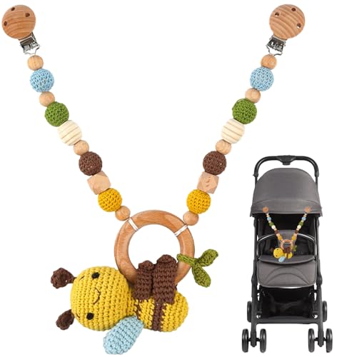 XEERUN Kinderwagenkette aus Holz und Baumwolle gehäkelt, Kinderwagenkette, Kinderwagen Kette für Babys, Montessori Neugeborenen Spielzeug Baby Kinderwagenspielzeug für Babyschale von XEERUN