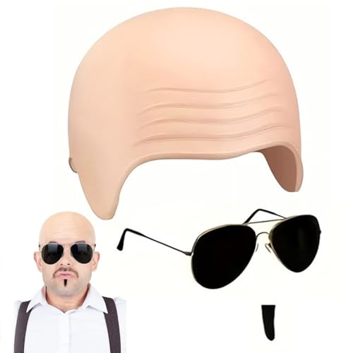 XEERUN Mr Worldwide Zubehör-Set für Erwachsene, hautfarbene Latexkappe, schwarzer Seelenaufnäher, schwarze Sonnenbrille, Musik-Ikone, berühmte Prominente, Kostümzubehör-Set von XEERUN