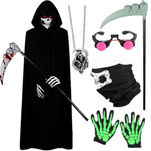 XEERUN Sensenmann-Kostüm-Set, Todes-Kostüme, Halloween-Kostüme, leuchtet im Dunkeln, Sensenmann-Kostüm, 5-teiliges Umhang, leuchtende Maske, leuchtende Handschuhe, LED-Brille, Sense von XEERUN