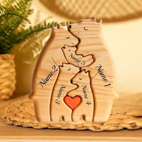 Liakai Personalisiertes Holzkunstpuzzle Der Bärenfamilie Mit 1-8 Namen, Holz Bär Skulpturen Desktop Ornament Home Tischdekoration, puzzle Personalisiert, Geschenk Familie, kinder, Vatertag, Muttertag von XEL