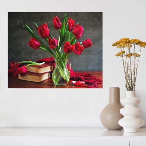 Kinder Holz Puzzle 1000 Teile，Glasvase Blume und Buch rote Tulpe ，Modern Zuhause Dekoration Einzigartiges Geschenk（75x50cm）-Z396 von XENITE