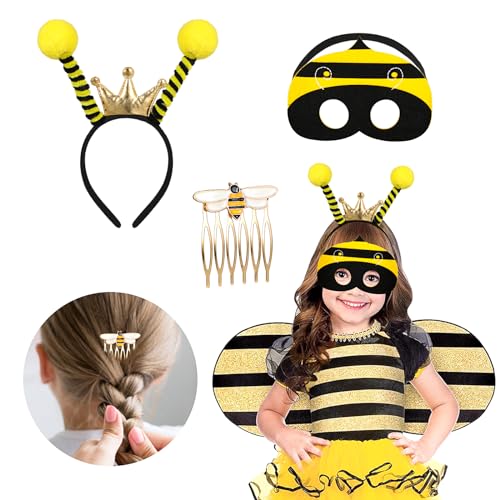 XEPST 3 PCS Bee Kostüm Damen, Bienenkostüm für Erwachsene Kit mit Queen Bee Haarreif Maske Biene Haarkamm Ladybug Spielzeug Bienen Kostüm Damen Zubehör für Fasching Verkleidung Karneval Cosplay von XEPST