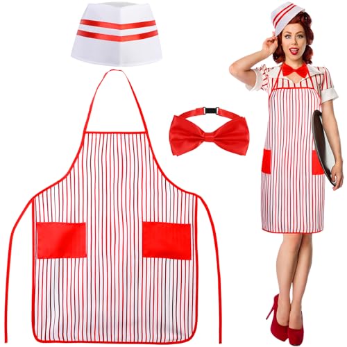 XEPST 3 stücke Erwachsene Kellner Kostüm Kit-1950er jahre Kellnerin Kostüm Zubehör Set mit Kochmütze Rot und Weiß Gestreifte Schürze Fliege für Halloween Cosplay Karneval Fancy Dress Up Party von XEPST