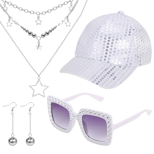 XEPST 4 PCS 70s Disco Accessories 70er Jahre Outfit Damen mit Pailletten Hut Ohrringe Discokugel Halskette Disco Sonnenbrille Strass Glitzer Accessoires für Karneval Fasching Themenparty XEPST 4 PCS 70s Disco Accessories 70er Jahre Outfit Damen mit Pailletten Hut Ohrringe Discokugel Halskette Disco Sonnenbrille Strass Glitzer Accessoires für Karneval Fasching Themenparty von XEPST