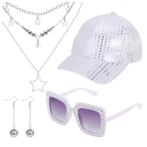 XEPST 4 PCS 70s Disco Accessories 70er Jahre Outfit Damen mit Pailletten Hut Ohrringe Discokugel Halskette Disco Sonnenbrille Strass Glitzer Accessoires für Karneval Fasching Themenparty von XEPST