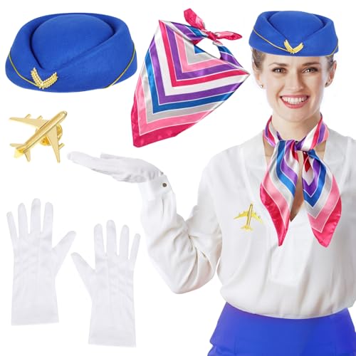 XEPST 4 STÜCK Flugbegleiterkostüm für Frauen - Stewardess Kostümzubehör Set mit Flugbegleitermütze Schal Handschuhe Broschen für Frauen Mädchen Halloween Kostüme Cosplay Karneval Kostüm, Königsblau XEPST 4 STÜCK Flugbegleiterkostüm für Frauen - Stewardess Kostümzubehör Set mit Flugbegleitermütze Schal Handschuhe Broschen für Frauen Mädchen Halloween Kostüme Cosplay Karneval Kostüm, Königsblau von XEPST