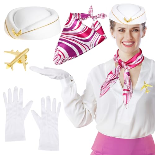 XEPST 4 STÜCK Flugbegleiterkostüm für Frauen - Stewardess Kostümzubehör Set mit Flugbegleitermütze Schal Handschuhe Broschen für Frauen Mädchen Halloween Kostüme Cosplay Karneval Kostüm, Weiß XEPST 4 STÜCK Flugbegleiterkostüm für Frauen - Stewardess Kostümzubehör Set mit Flugbegleitermütze Schal Handschuhe Broschen für Frauen Mädchen Halloween Kostüme Cosplay Karneval Kostüm, Weiß von XEPST