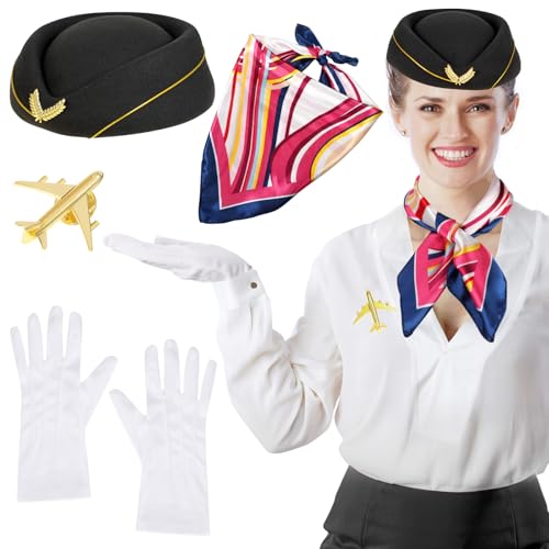 XEPST 4 STÜCK Flugbegleiterkostüm für Frauen - Stewardess Kostümzubehör Set mit Flugbegleitermütze Schal Handschuhe Broschen für Frauen Mädchen Halloween Kostüme Cosplay Karneval Kostüm, Schwarz XEPST 4 STÜCK Flugbegleiterkostüm für Frauen - Stewardess Kostümzubehör Set mit Flugbegleitermütze Schal Handschuhe Broschen für Frauen Mädchen Halloween Kostüme Cosplay Karneval Kostüm, Schwarz von XEPST