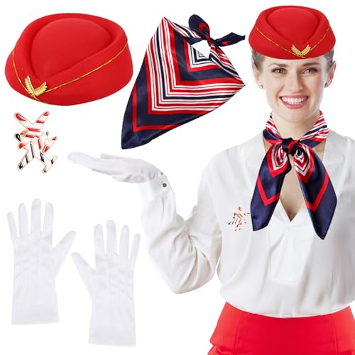 XEPST 4 STÜCK Flugbegleiterkostüm für Frauen - Stewardess Kostümzubehör Set mit Flugbegleitermütze Schal Handschuhe Broschen für Frauen Mädchen Halloween Kostüme Cosplay Karneval Kostüm, Rot XEPST 4 STÜCK Flugbegleiterkostüm für Frauen - Stewardess Kostümzubehör Set mit Flugbegleitermütze Schal Handschuhe Broschen für Frauen Mädchen Halloween Kostüme Cosplay Karneval Kostüm, Rot von XEPST